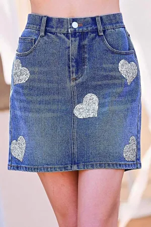 Jupe en denim Abbey à cœurs pailletés en lavage moyen