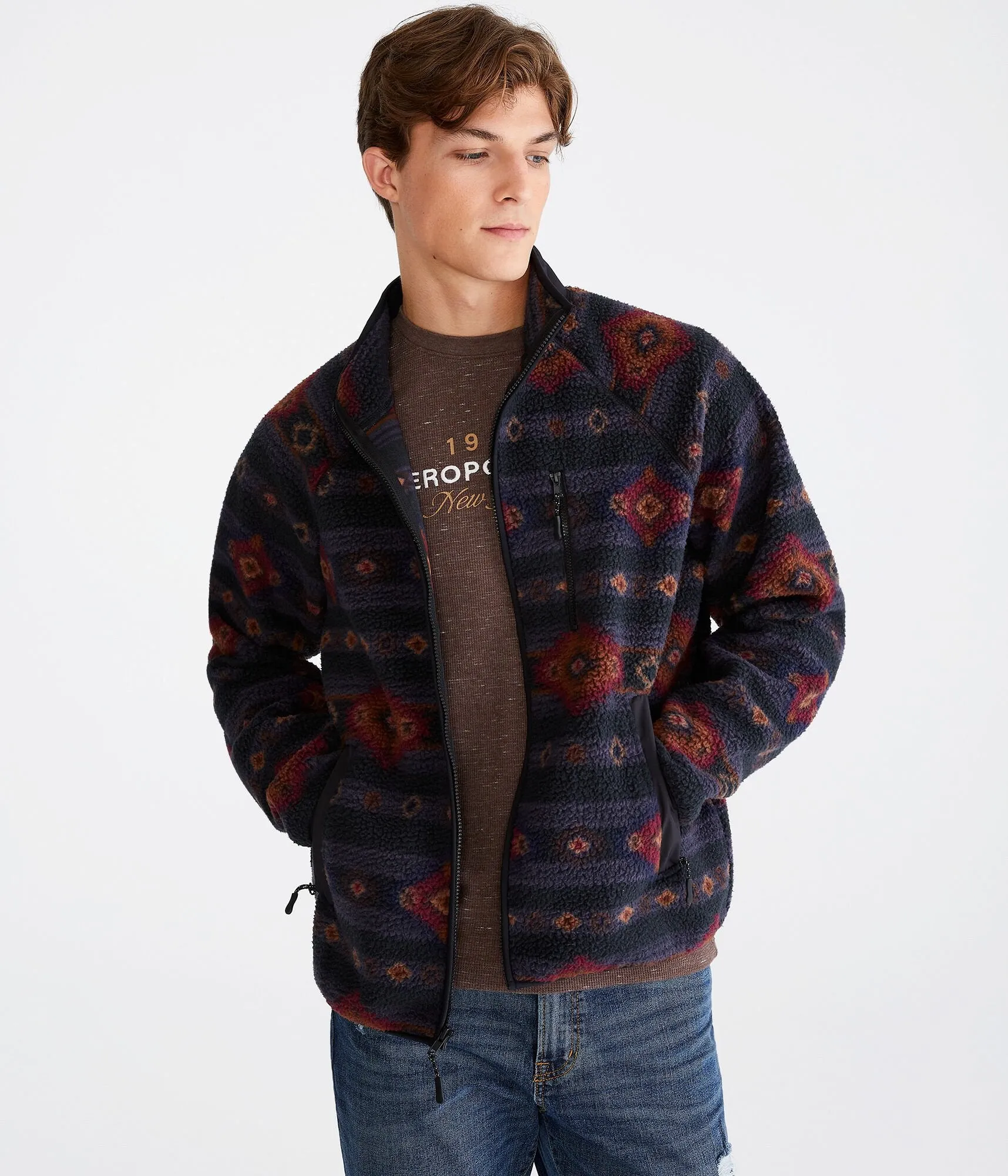 Veste polaire Sherpa à imprimé géométrique pour hommes Aeropostale - Taille 3XL - Polyester - Mode adolescent & Vêtements Noir Aeropostale