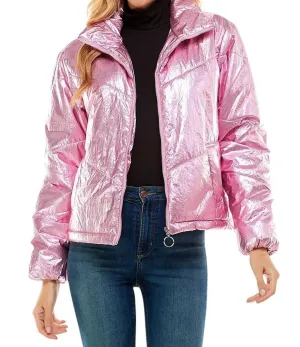 Veste Angelika Métallique à Effet Gonflant en Rose