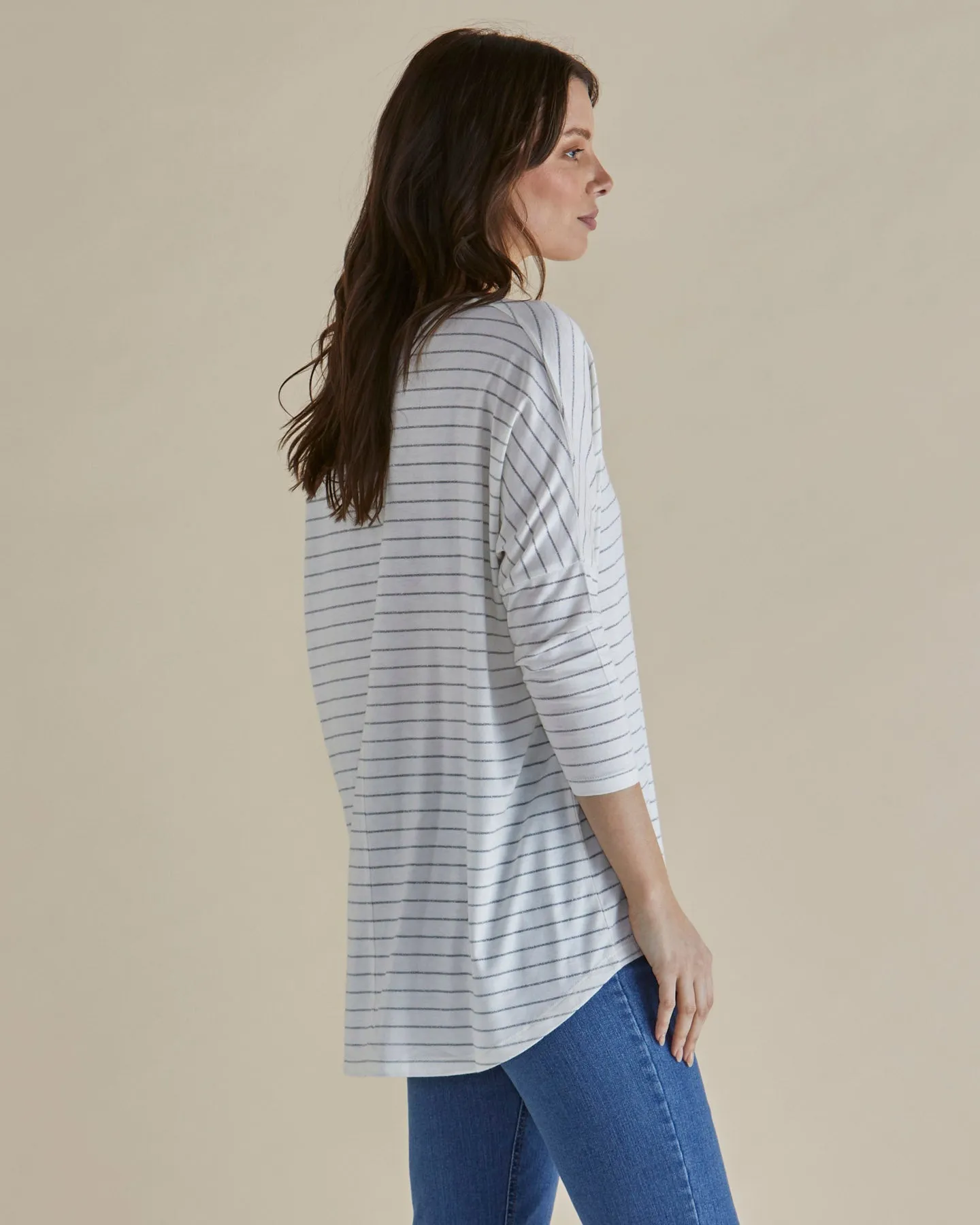 Betty Basics Milan Haut à Manches 3/4 Rayures Lurex Blanc