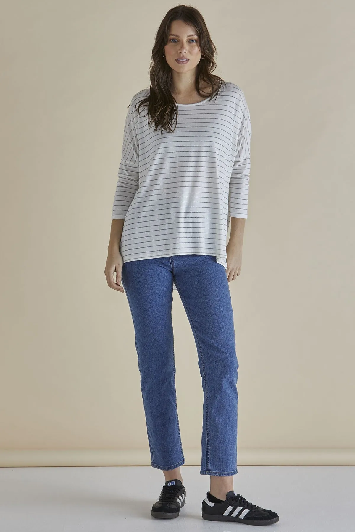 Betty Basics Milan Haut à Manches 3/4 Rayures Lurex Blanc