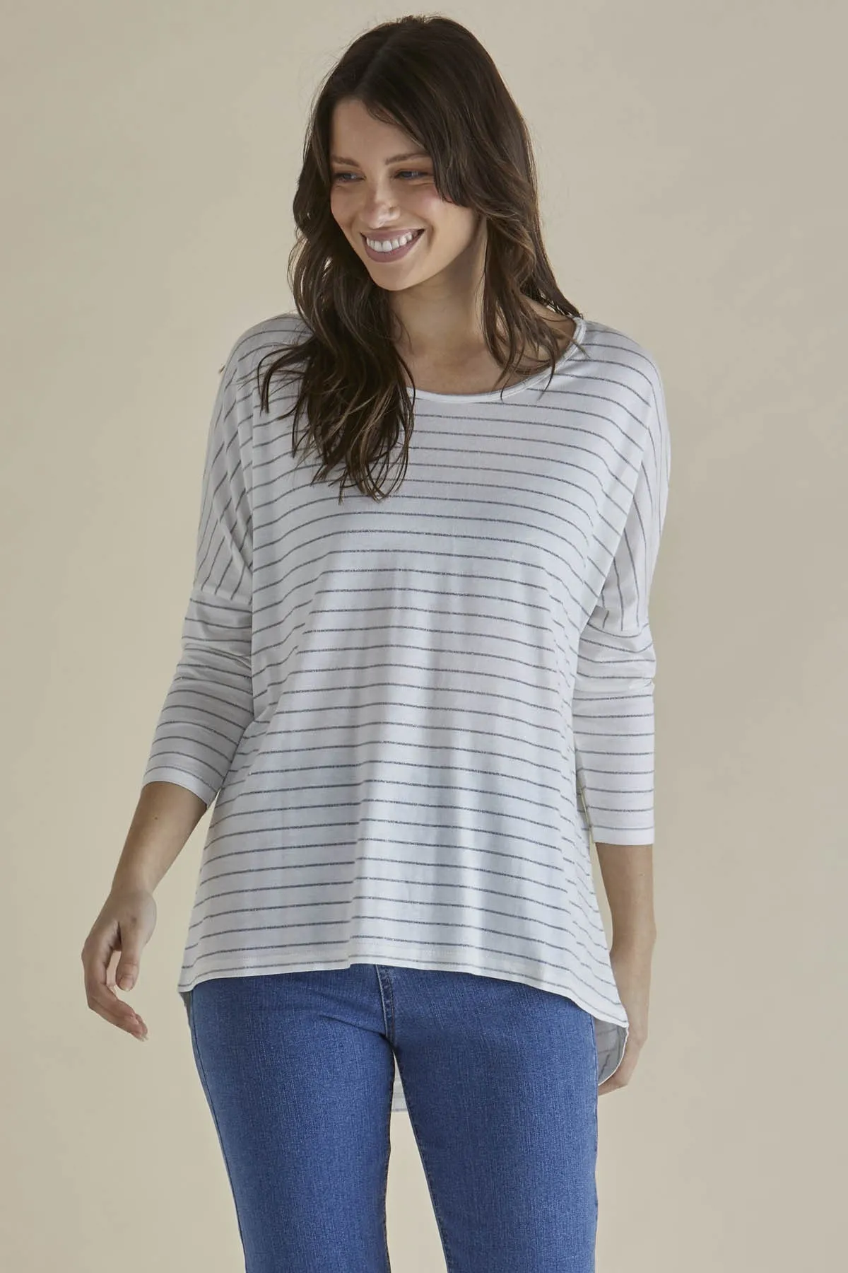 Betty Basics Milan Haut à Manches 3/4 Rayures Lurex Blanc