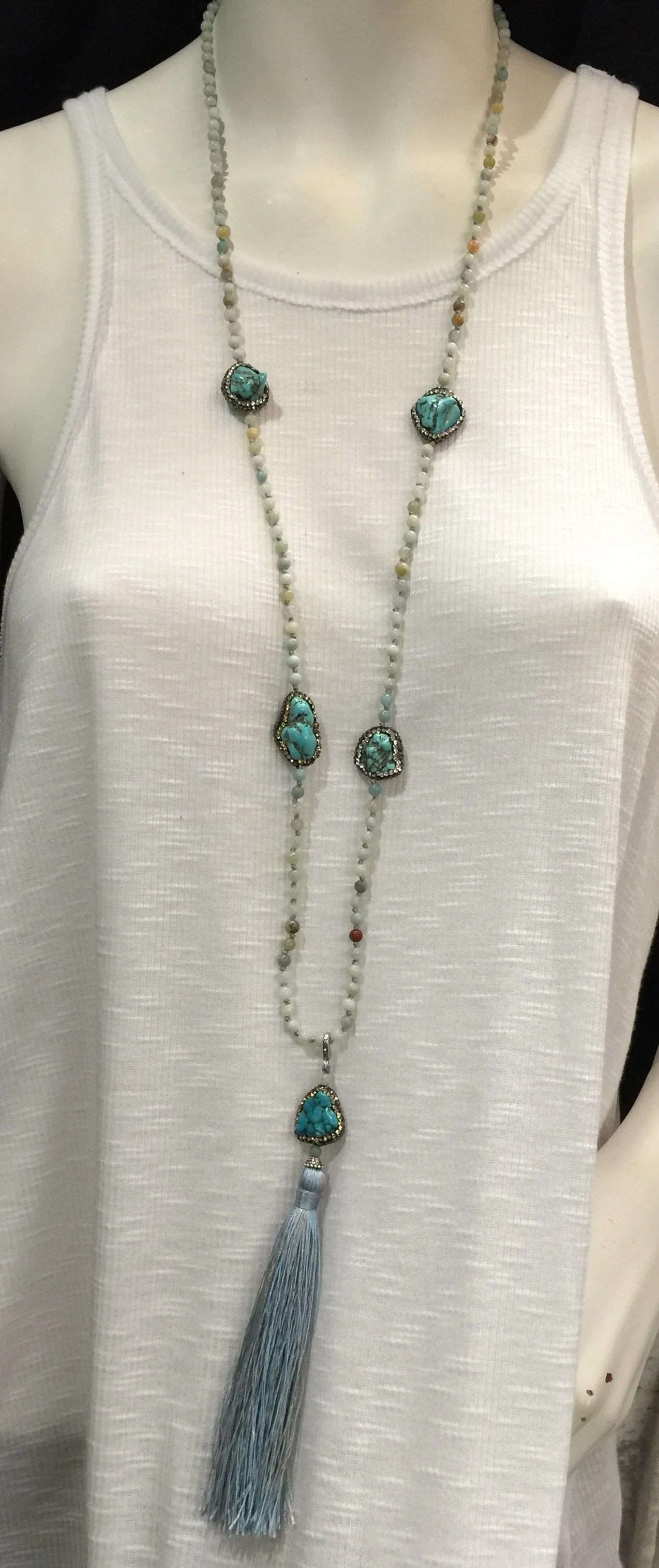 Collier Long à Franges en Agate Bleue et Turquoise Multi-Pièces
