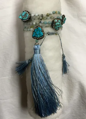 Collier Long à Franges en Agate Bleue et Turquoise Multi-Pièces