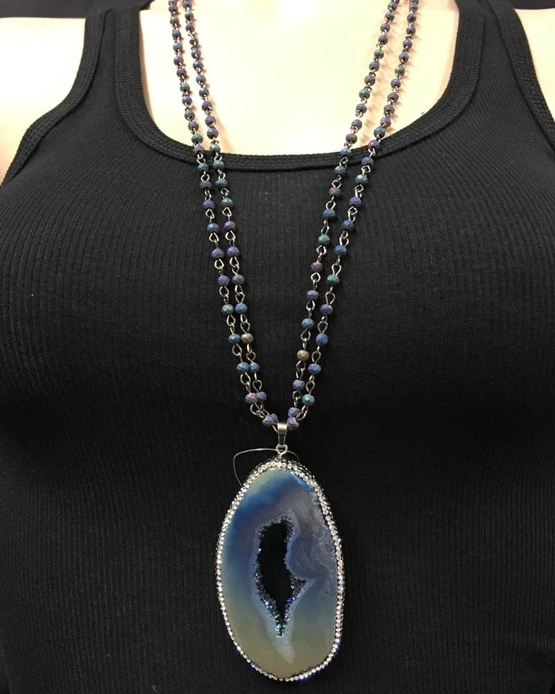 Collier Druzy en Titane Or Bleu avec perles en titane bleu