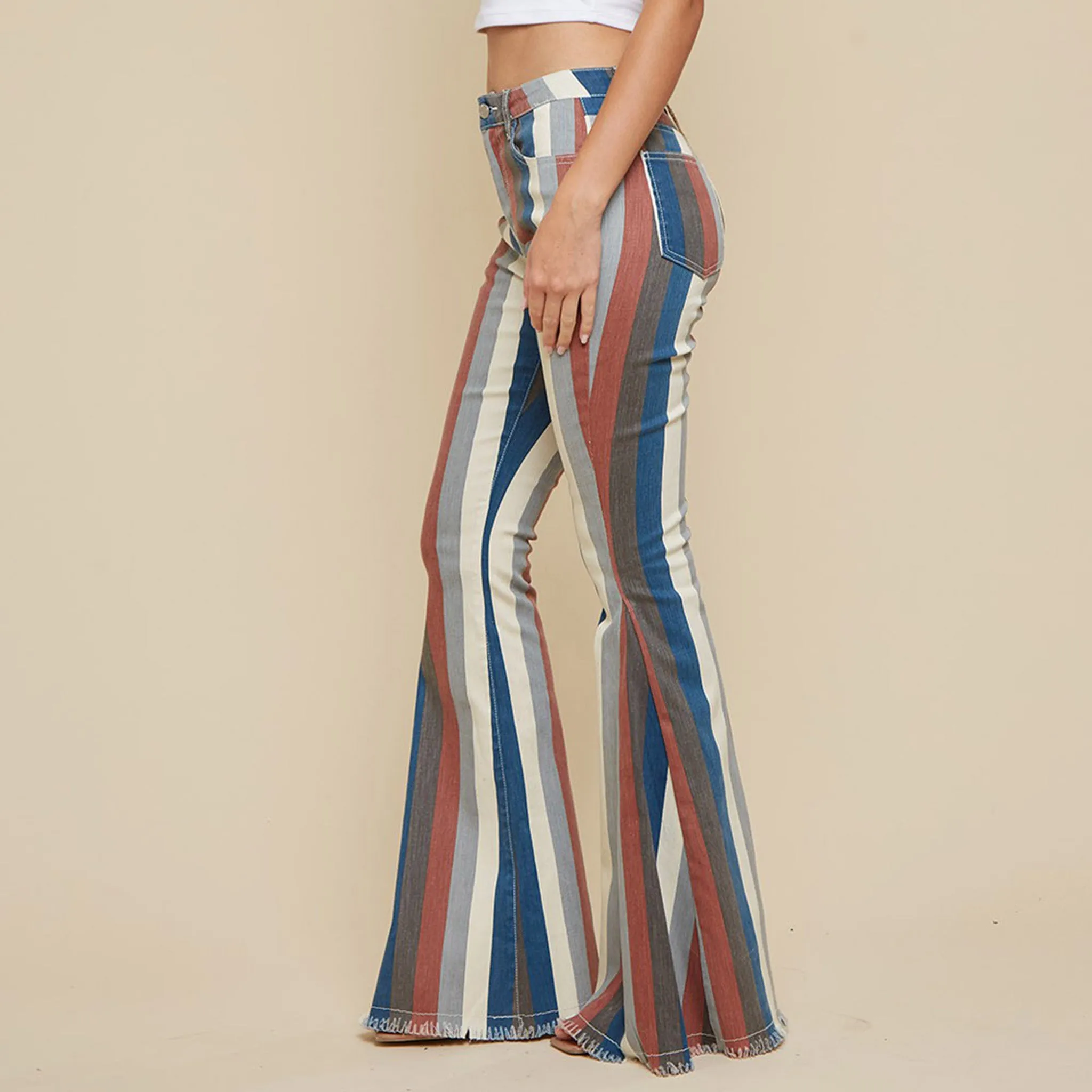 Jeans flare à rayures multicolores bleues