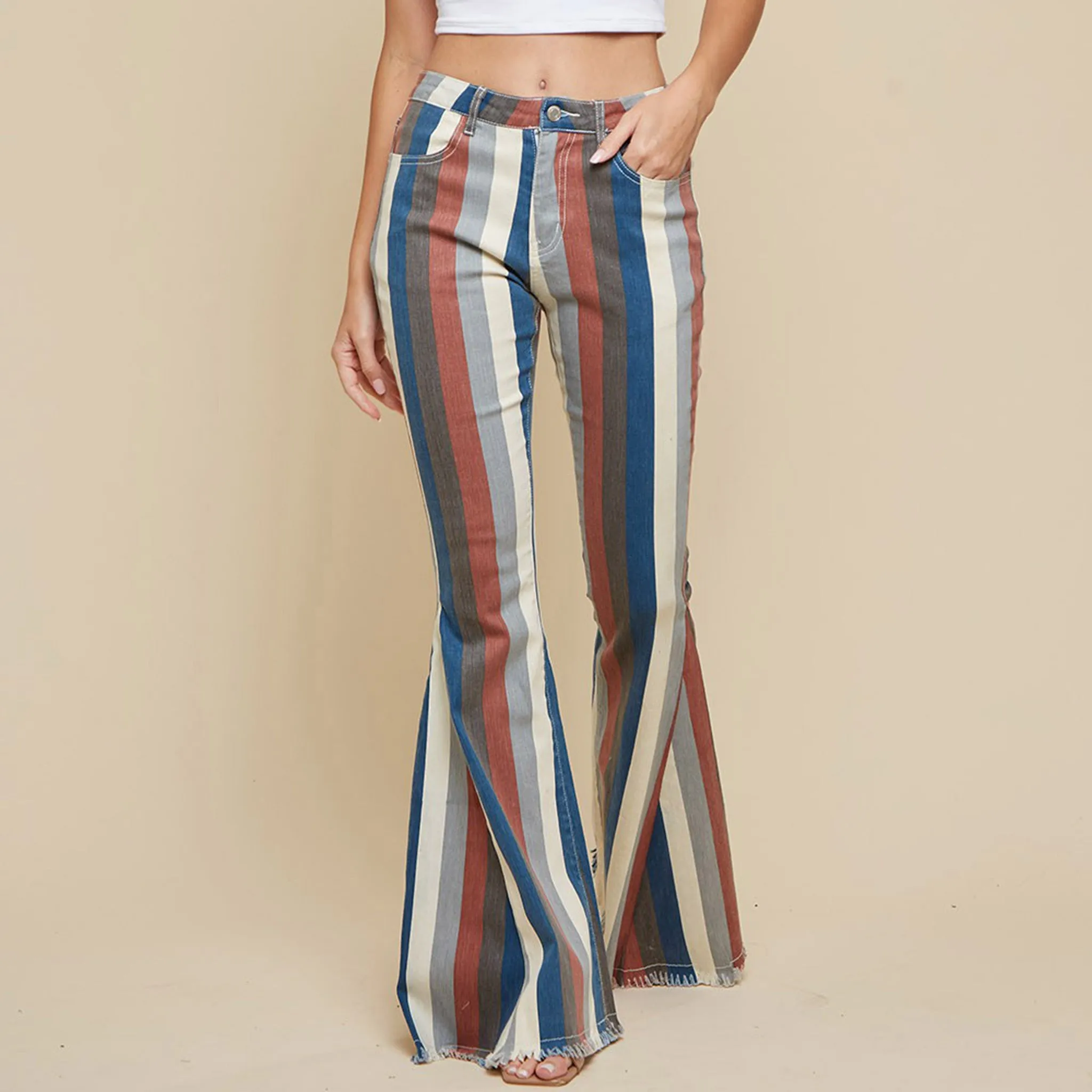 Jeans flare à rayures multicolores bleues