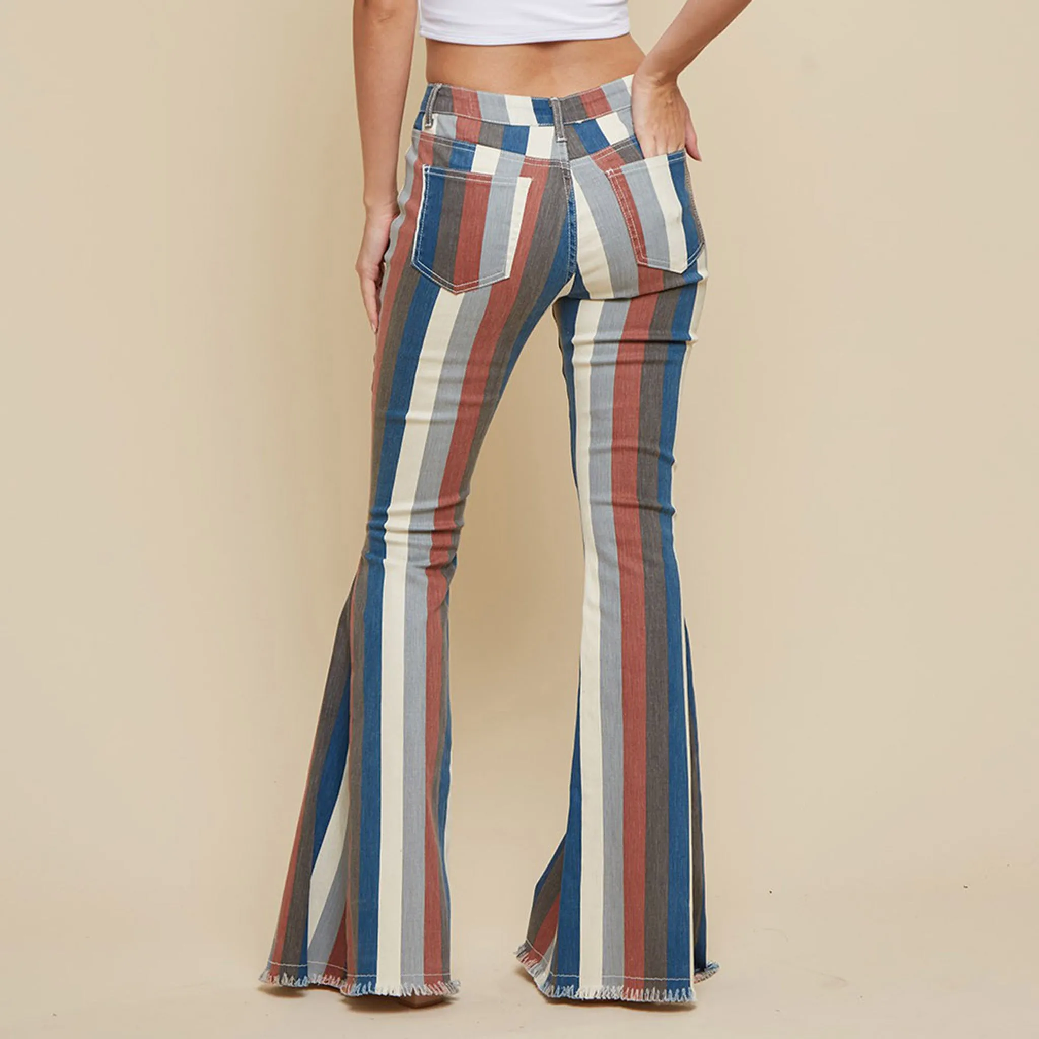 Jeans flare à rayures multicolores bleues
