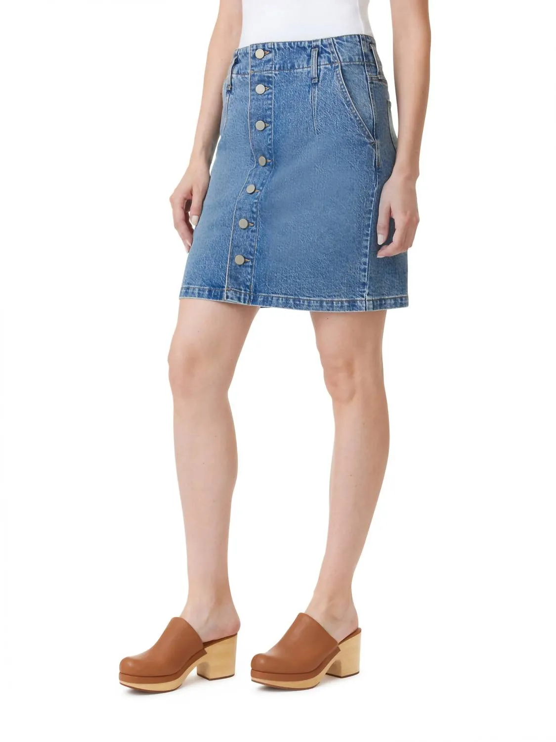 Mini-jupe en denim bleu à boutons devant