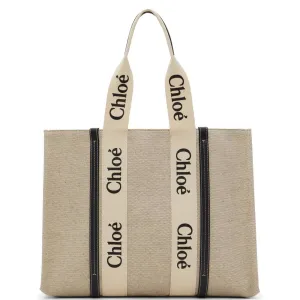 Chloé Sacs Woody Tote Grand Canvas, Blanc/Bleu