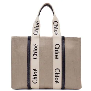 Chloé Sacs Woody Tote Grand Lin, Blanc/Bleu