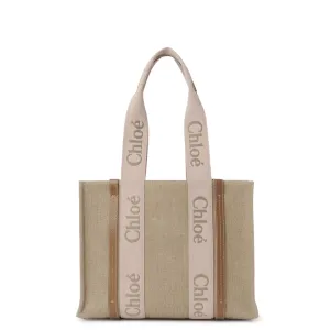 Chloé Sacs Woody Tote Medium Logo Brodé, Beige Rosé