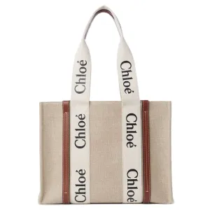 Chloé Sac Woody Tote Medium en Lin, Blanc/Brun