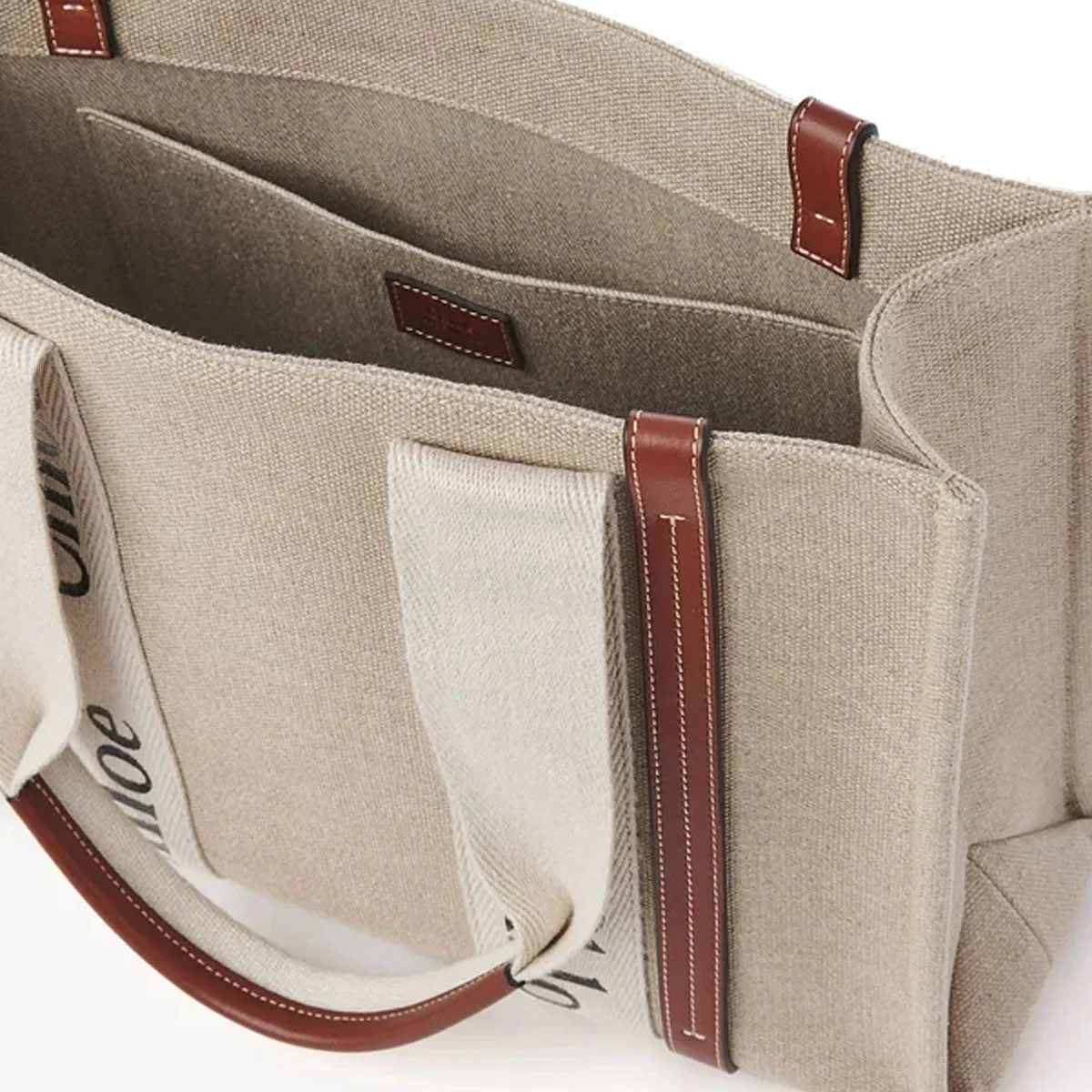 Chloé Sac Woody Tote Medium en Lin, Blanc/Brun