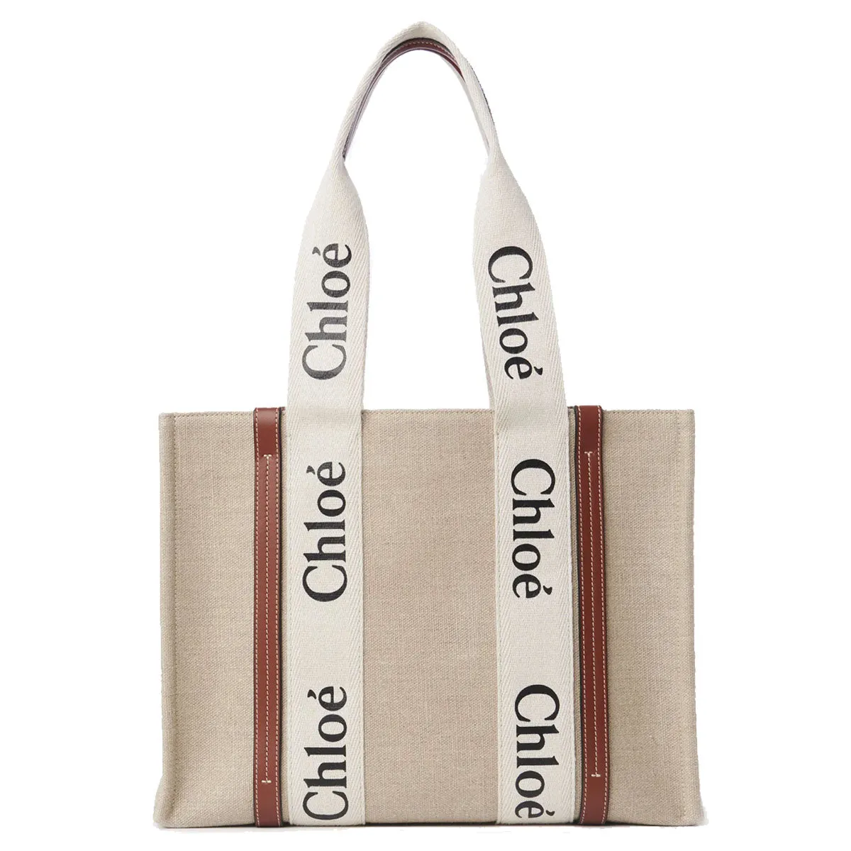 Chloé Sac Woody Tote Medium en Lin, Blanc/Brun