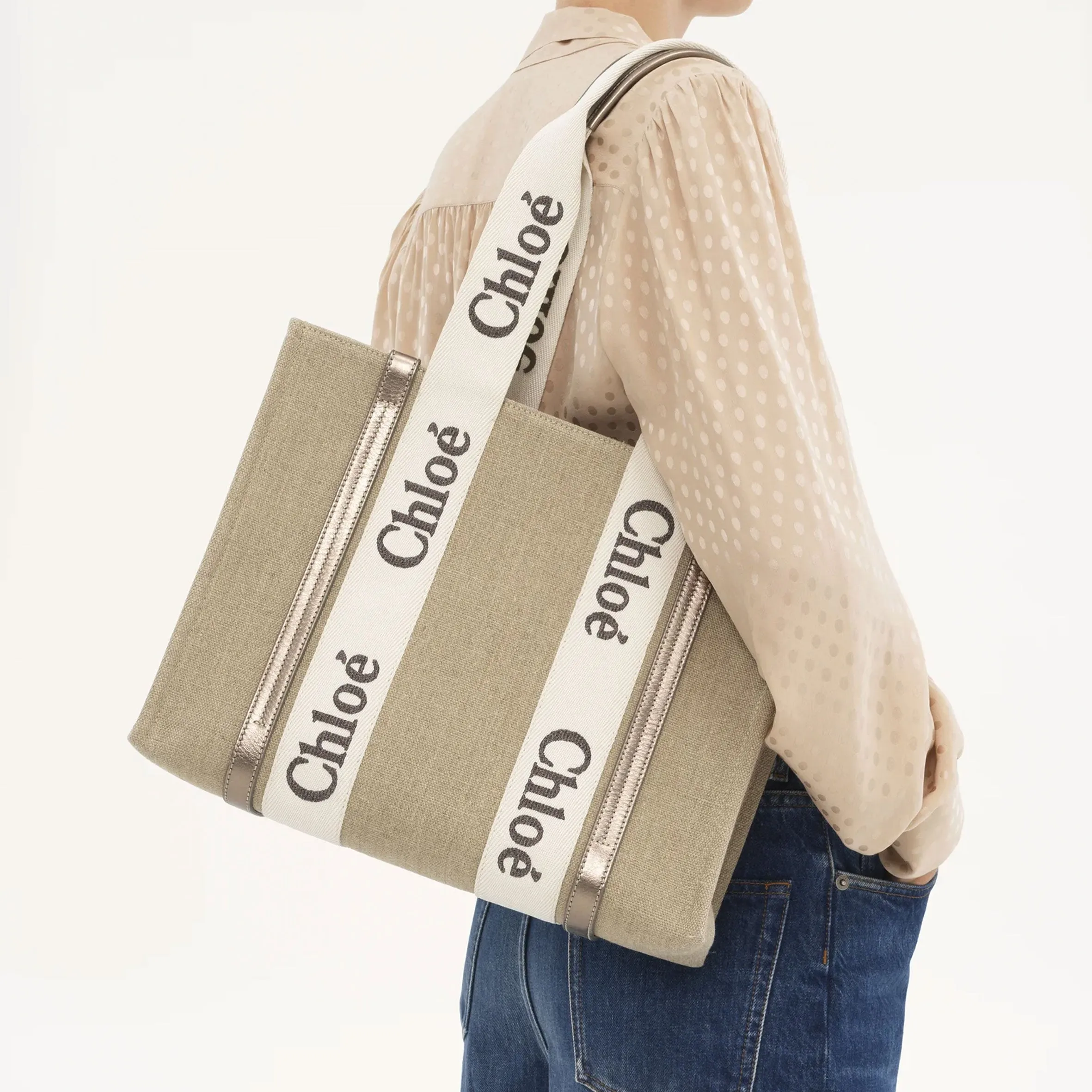 Chloé Sac Woody Tote Medium, Gris Métallisé