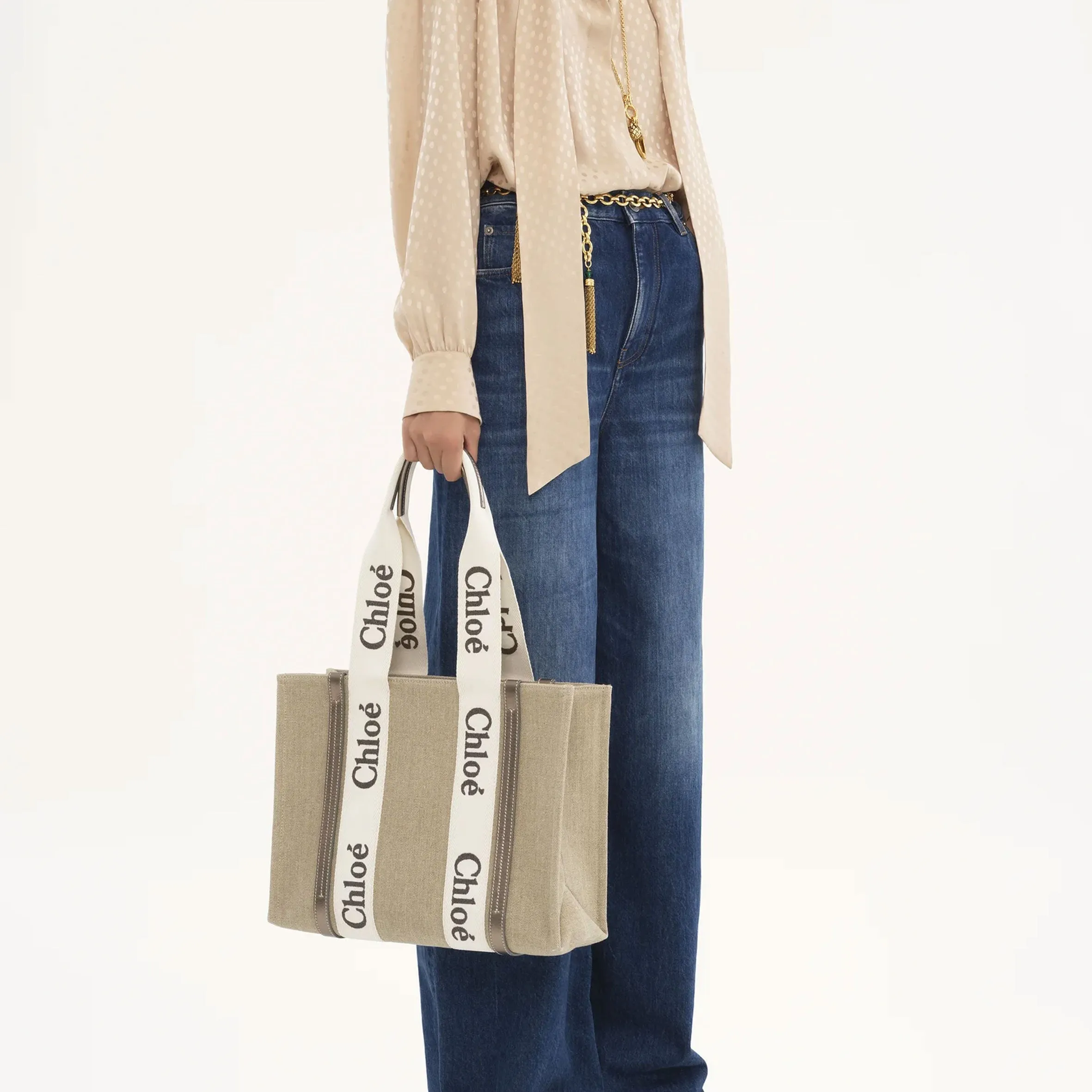 Chloé Sac Woody Tote Medium, Gris Métallisé