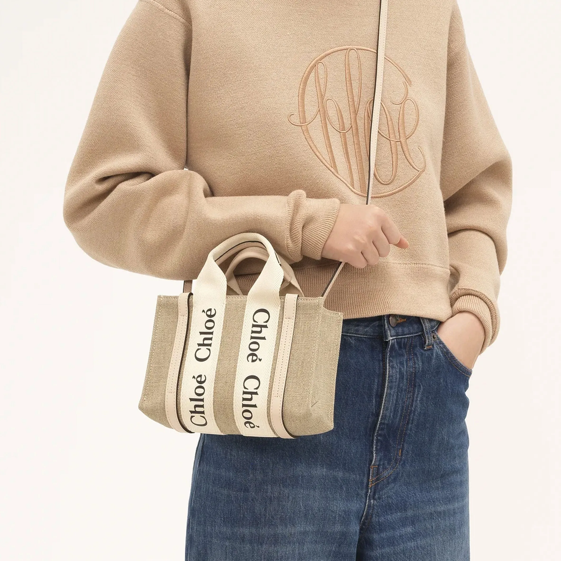 Chloé Sac Woody Tote Mini Lin, Rose Ciment