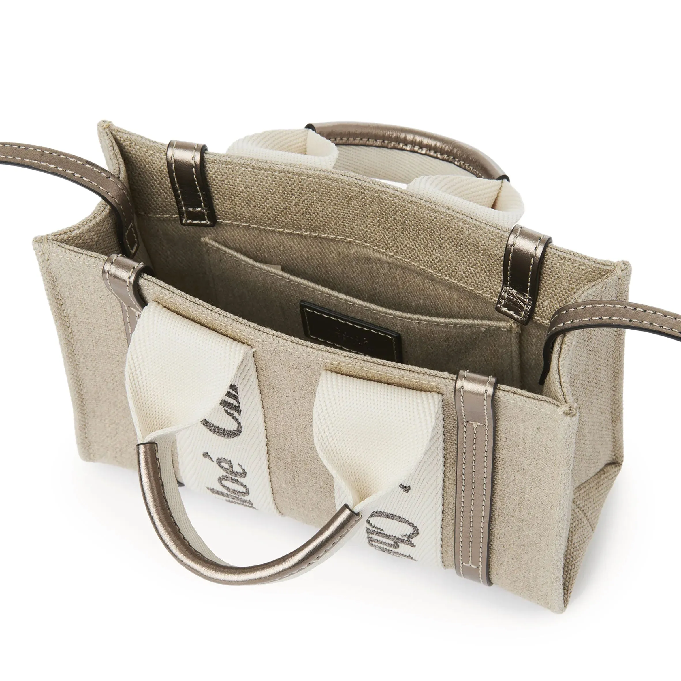 Chloé Sac Woody Tote Mini Bandoulière Lin, Gris Métallisé
