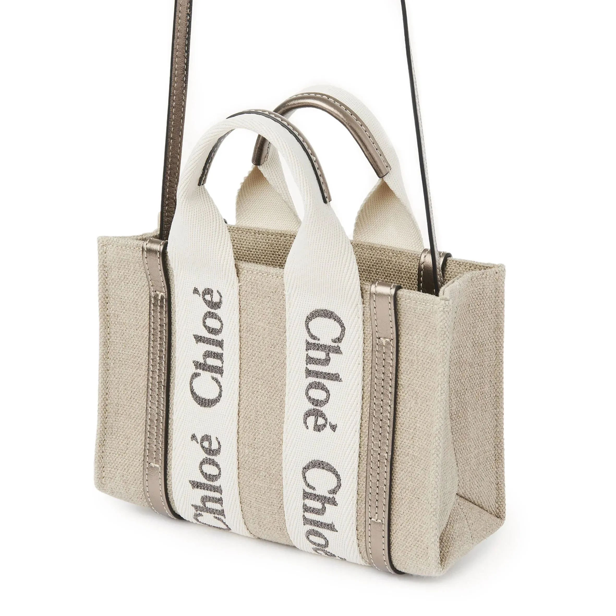 Chloé Sac Woody Tote Mini Bandoulière Lin, Gris Métallisé