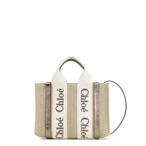 Chloé Sac Woody Tote Mini Bandoulière Lin, Gris Métallisé