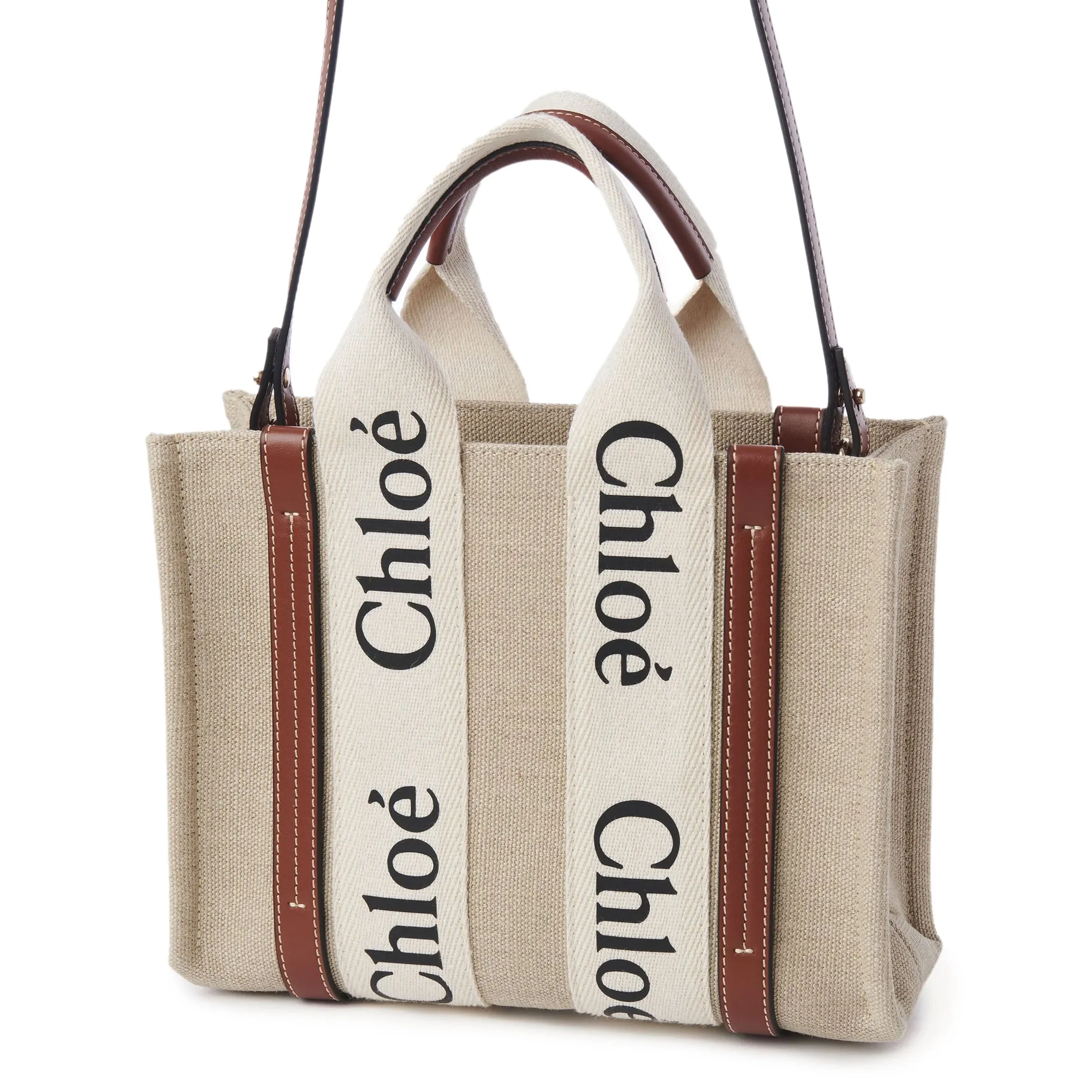 Chloé Sacs Woody Tote Petit Bracelet Lin, Blanc/Brun