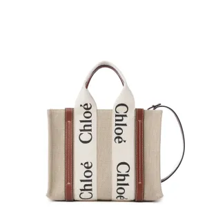Chloé Sacs Woody Tote Petit Bracelet Lin, Blanc/Brun