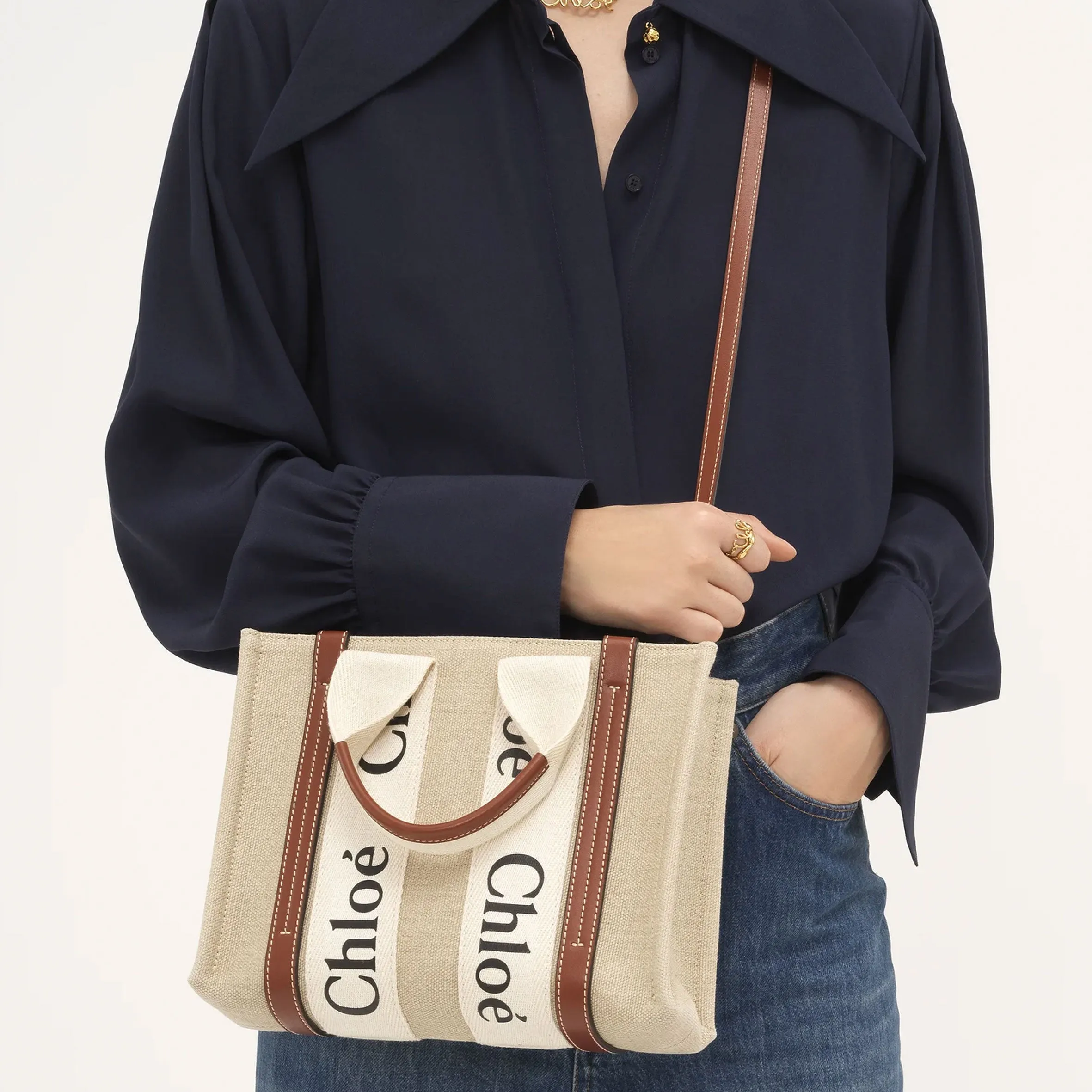 Chloé Sacs Woody Tote Petit Bracelet Lin, Blanc/Brun