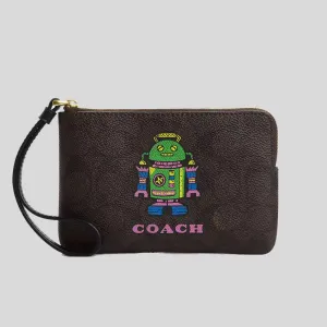 Sac Coach COACH Wristlet à fermeture éclair d'angle en toile Signature avec impression Robot CW868
