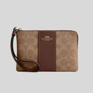 Sac Coach COACH Wristlet à fermeture éclair d'angle en toile signature à rayures Beige/Marron CW854