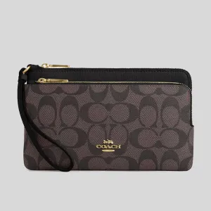 Portefeuille COACH Double Zip en toile Signature marron/noir CU920