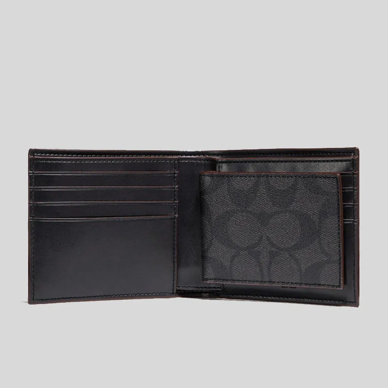 Portefeuille Compact pour Homme Coach en Signature avec Garniture Bordeau F25519