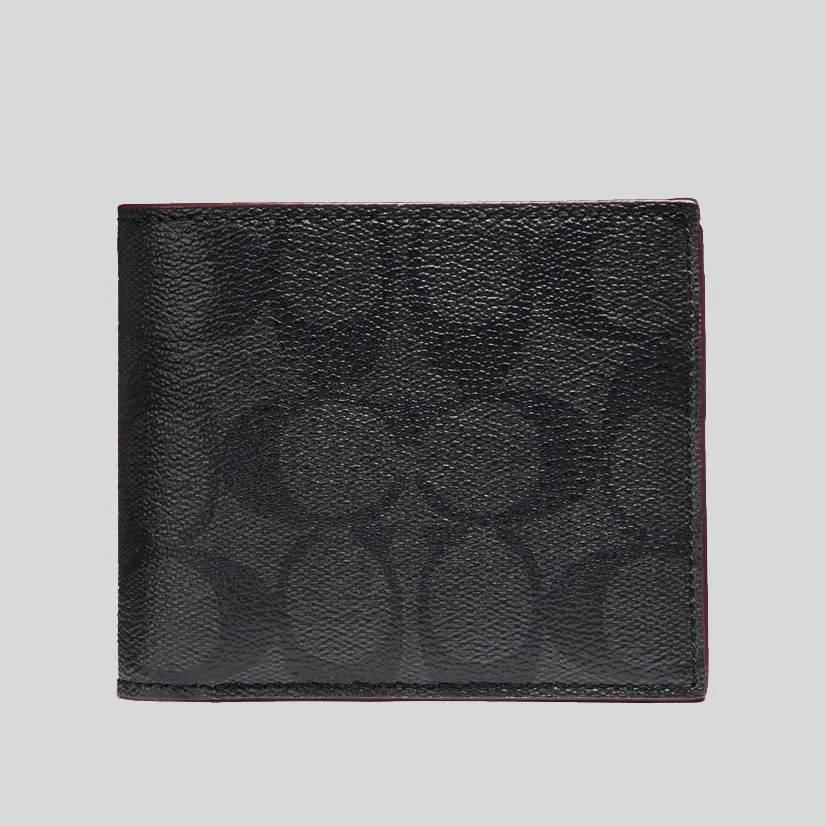 Portefeuille Compact pour Homme Coach en Signature avec Garniture Bordeau F25519