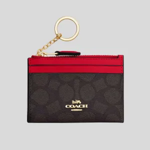 Sac Coach COACH Mini Skinny Étui à Carte En Toile Signature Noisette/Rouge Vif CW870