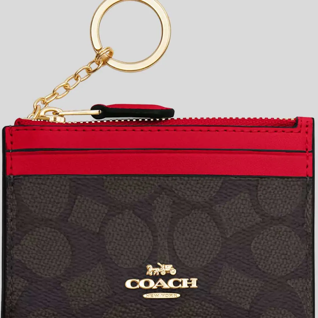 Sac Coach COACH Mini Skinny Étui à Carte En Toile Signature Noisette/Rouge Vif CW870