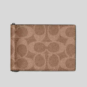 Portefeuille COACH Slim Money Clip Billfold en toile Signature couleur Tan/Noir CY059