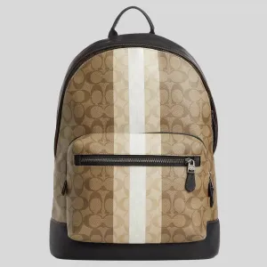 Sac à dos COACH West en toile à signature bloquée avec rayures universitaires, couleur khaki multi, modèle CQ629