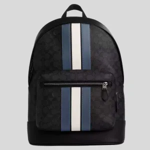 Sac à dos COACH West en toile Signature avec rayures varsity, couleur Charbon/Denim/Craie CV922