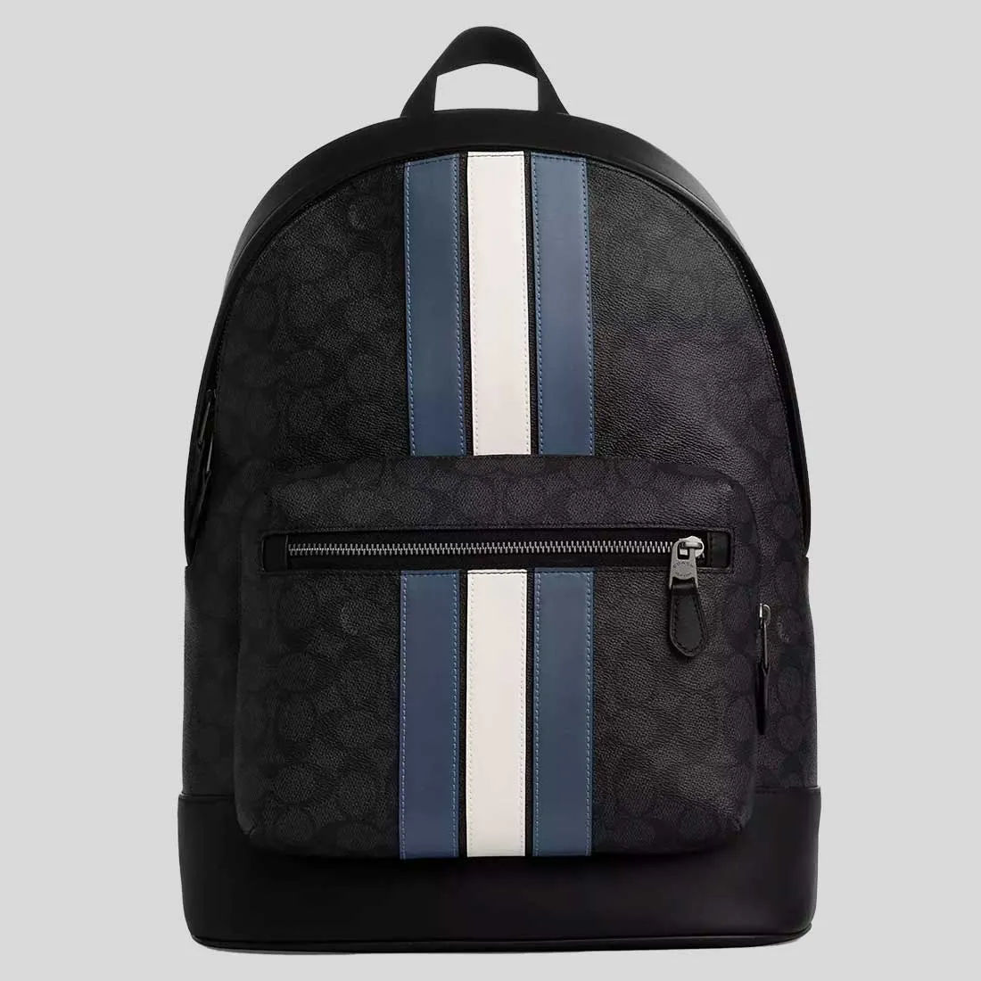 Sac à dos COACH West en toile Signature avec rayures varsity, couleur Charbon/Denim/Craie CV922