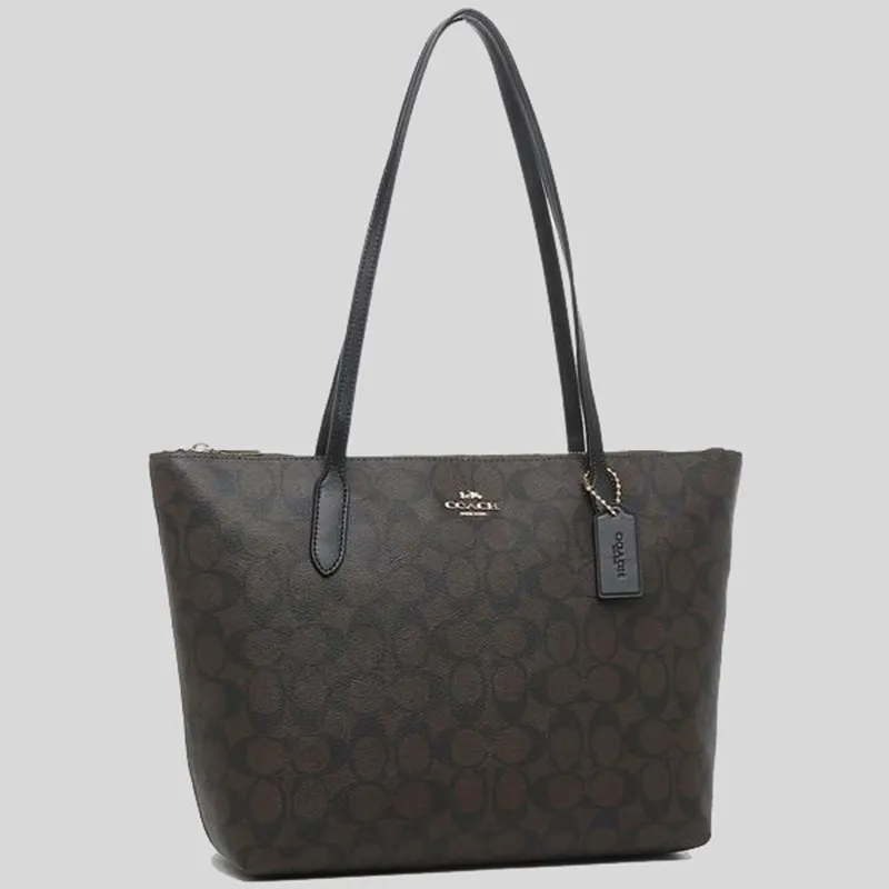 Sac Coach COACH Tote Zip Top en toile Signature marron noir 4455