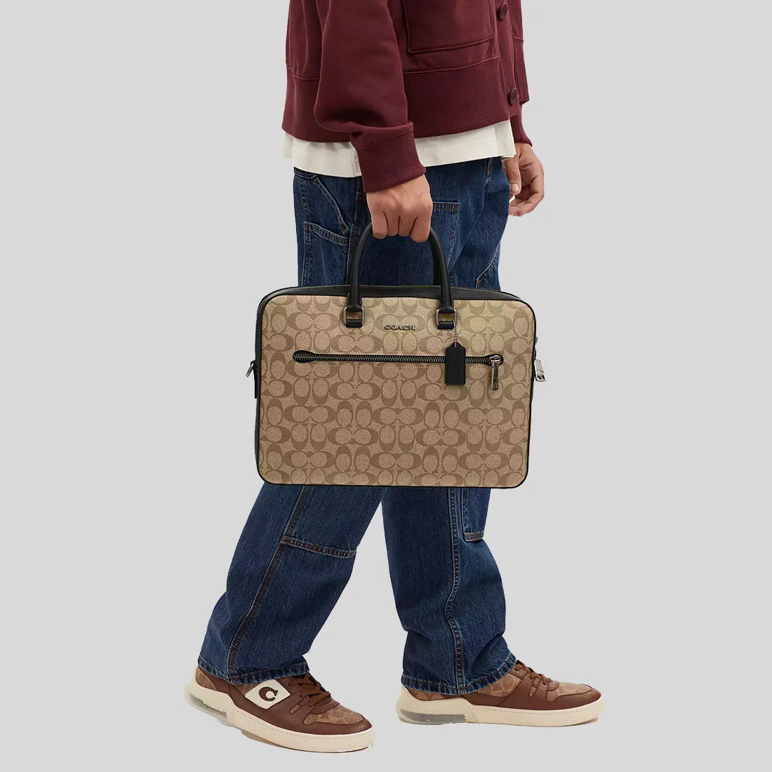 Sac bandoulière Coach COACH Ethan Slim Brief en toile signature Khaki/Noir CR270