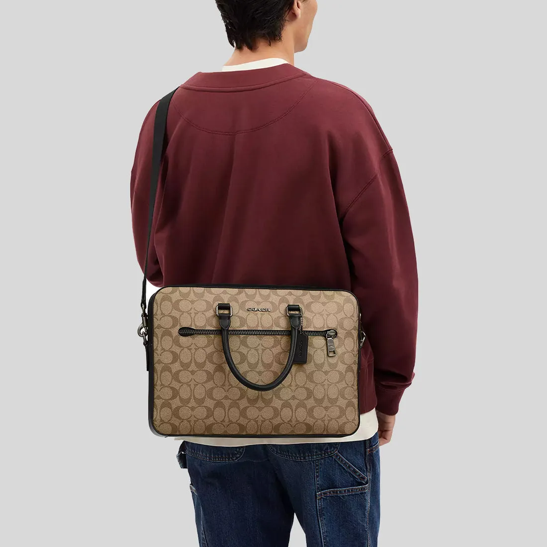 Sac bandoulière Coach COACH Ethan Slim Brief en toile signature Khaki/Noir CR270