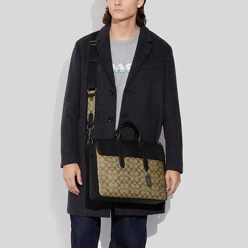 Sac bandoulière Coach COACH Sullivan Portfolio Brief en toile Signature Khaki/Noir C9873