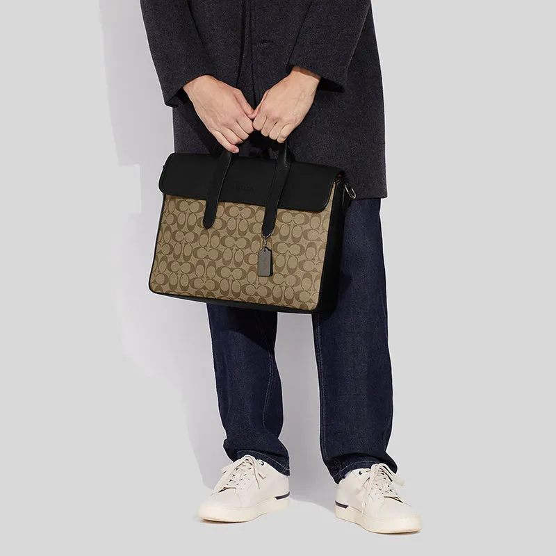 Sac bandoulière Coach COACH Sullivan Portfolio Brief en toile Signature Khaki/Noir C9873