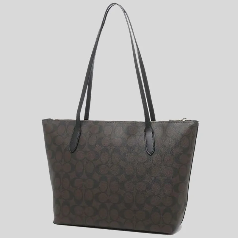 Sac bandoulière Coach Tote à fermeture éclair en toile signature marron noir 4455
