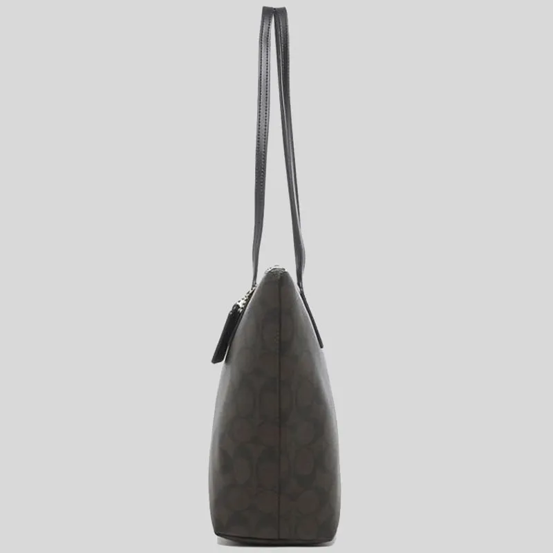 Sac bandoulière Coach Tote à fermeture éclair en toile signature marron noir 4455