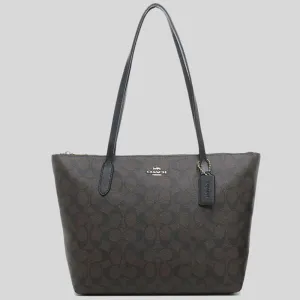 Sac bandoulière Coach Tote à fermeture éclair en toile signature marron noir 4455