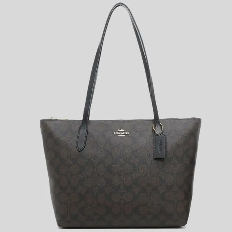 Sac bandoulière Coach Tote à fermeture éclair en toile signature marron noir 4455