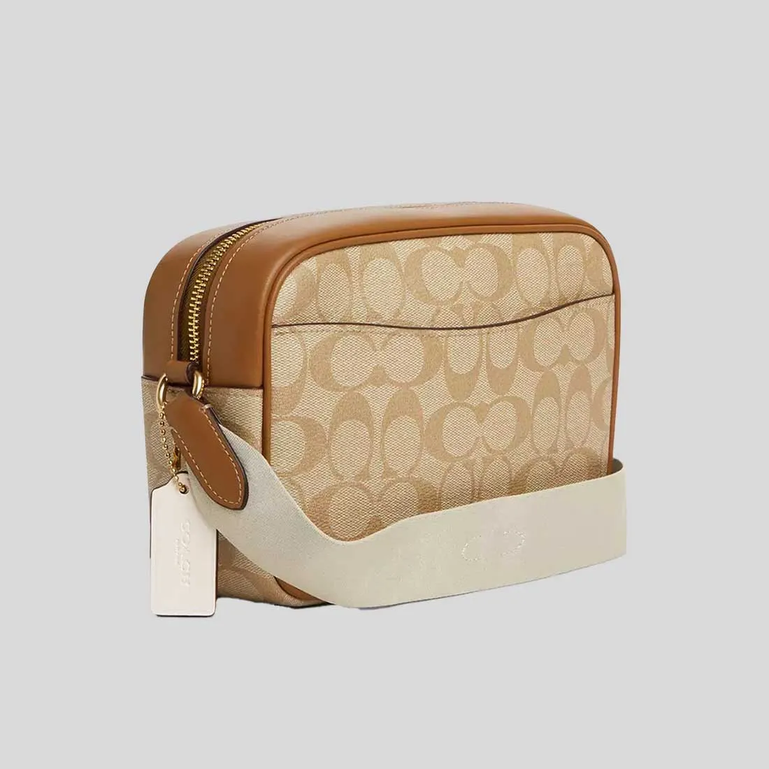 Sac à main COACH Jamie en toile signature avec rayures, couleur khaki clair/craie selle, modèle CT255