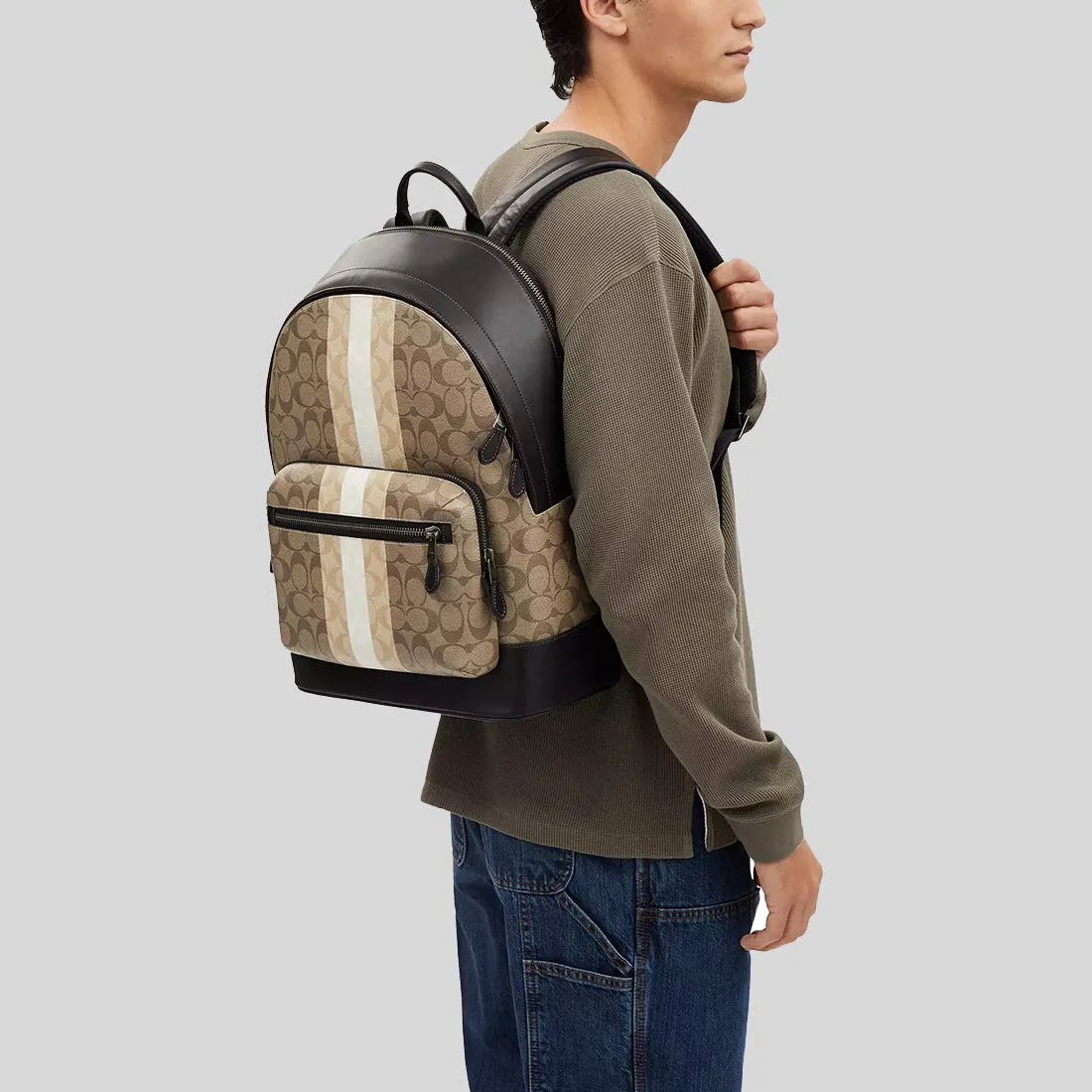 Sac à main COACH Sac à dos West en toile à signature bloquée avec rayure universitaire Khaki Multi CQ629